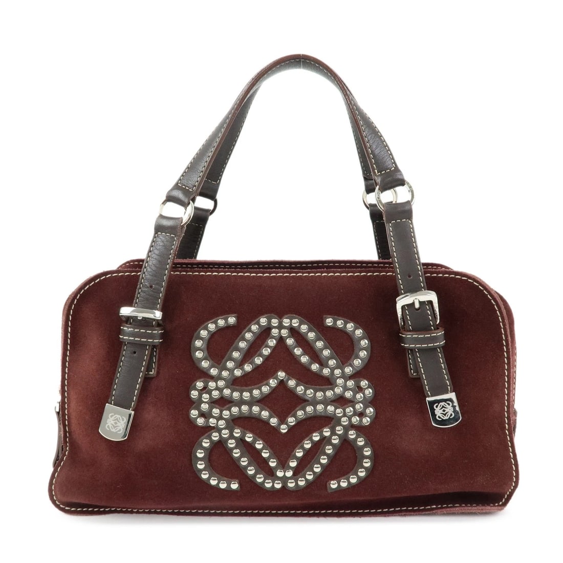 LOEWE ANAGRAM SUEDE LEATHER STUDS HAND BAG: LOEWE Anagram Suede Leather Studs Hand Bag Brand: LOEWE Type: hand bag Material: Suede , Leather Color: Bordeaux Size: W29cm(11.42")H17cm(6.69")D9.5cm(3.74") Accessories: None Accessories