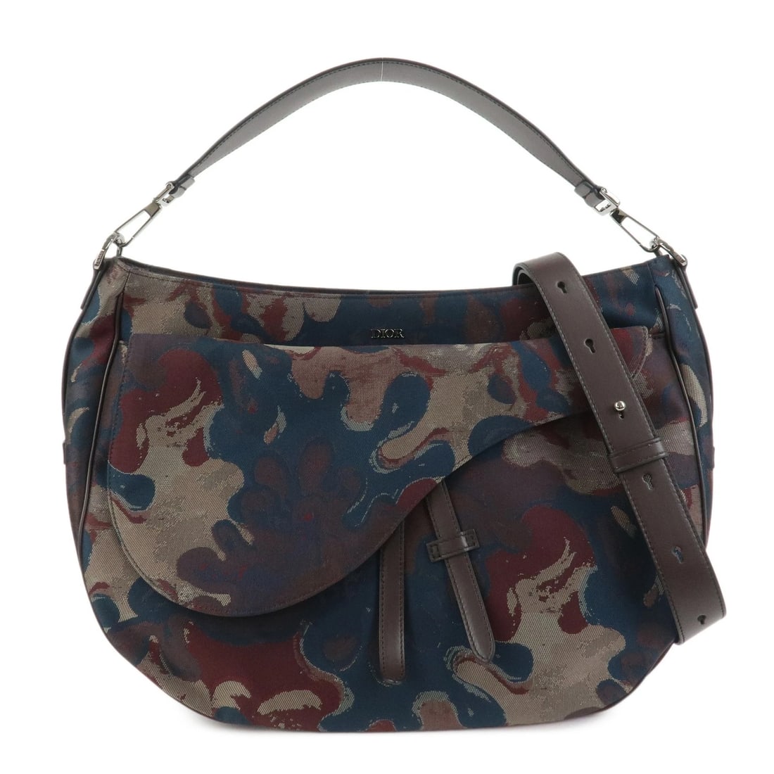 CHRISTIAN DIOR CANVAS LEATHER SADDLE FLAP CAMOUFLAGE MESSENGER BAG: Christian Dior Canvas Leather Saddle Flap Camouflage Messenger Bag Brand: Christian Dior Type: 2way bag Material: Canvas , Leather Color: Dark Brown Size: W39cm(15.35")H29cm(11.42")D14cm(5.51") Ac