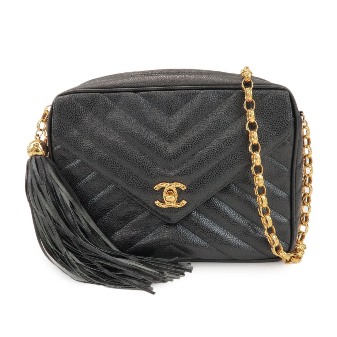 CHANEL CHEVRON V STITCH CAVIARSKIN CHAIN SHOULDER BAG: CHANEL Chevron V Stitch Caviarskin Chain Shoulder Bag Brand: chanel Type: shoulder bag Material: Caviar skin Color: Black , Gold Size: W23cm(9.06")H17cm(6.69")D6cm(2.36") Accessories: None