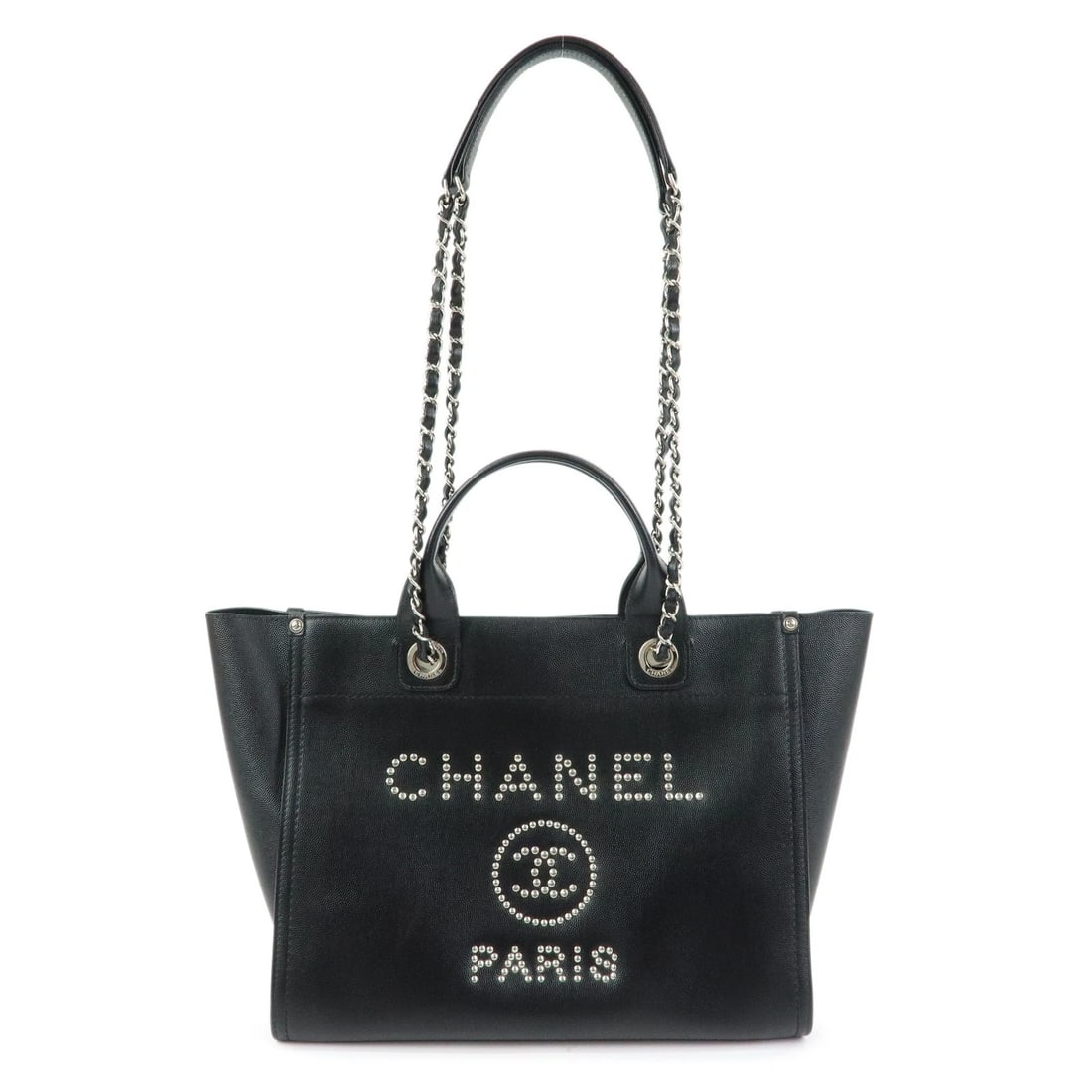 CHANEL DEAUVILLE MM CAVIARSKIN 2WAY BAG SHOULDER BAG: CHANEL Deauville MM Caviarskin 2Way Bag Shoulder Bag Brand: CHANEL Type: 2way bag Material: Caviar skin Color: Black , Silver Size: W33cm(12.99")H27cm(10.63")D16cm(6.30") Accessories: None