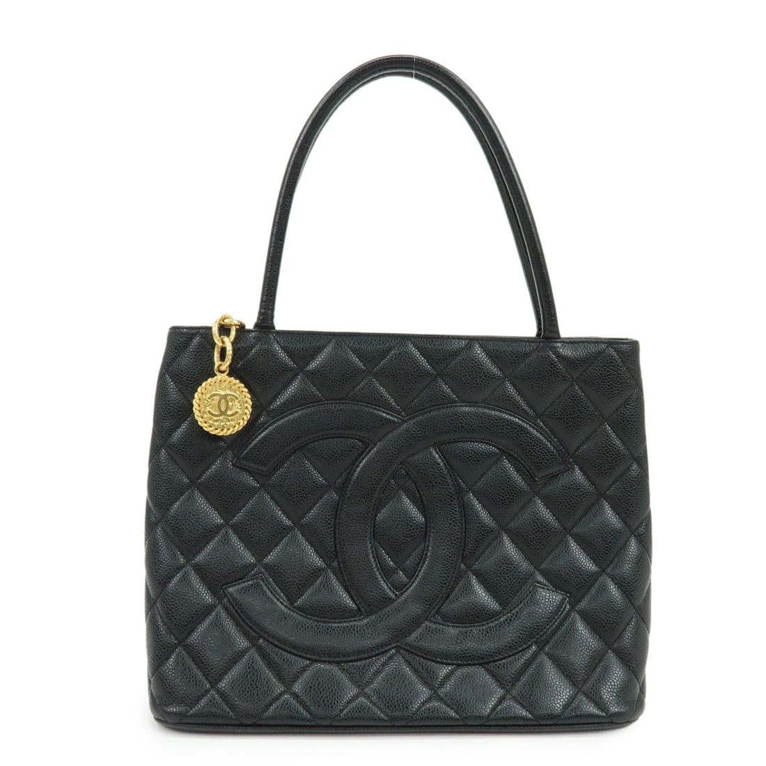 CHANEL MATELASSE COCO MARK MEDALLION CAVIARSKIN TOTE BAG: CHANEL Matelasse COCO Mark Medallion Caviarskin Tote Bag Brand: CHANEL Type: Tote Bag Material: Caviar skin Color: Black Size: W30cm(11.81")H24.5cm(9.65")D15cm(5.91") Accessories: None Acc