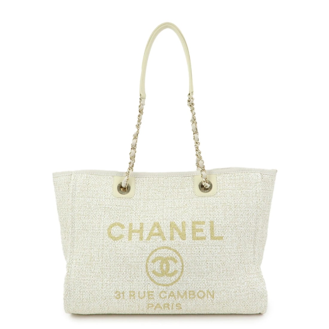 CHANEL DEAUVILLE MM STRAW LEATHER TOTE SHOULDER BAG: CHANEL Deauville MM Straw Leather Tote Shoulder Bag Brand: CHANEL Type: tote bag Material: Tweed Color: Beige , White Size: W33cm(12.99")H26cm(10.24")D13cm(5.12") Accessories: None Accesso