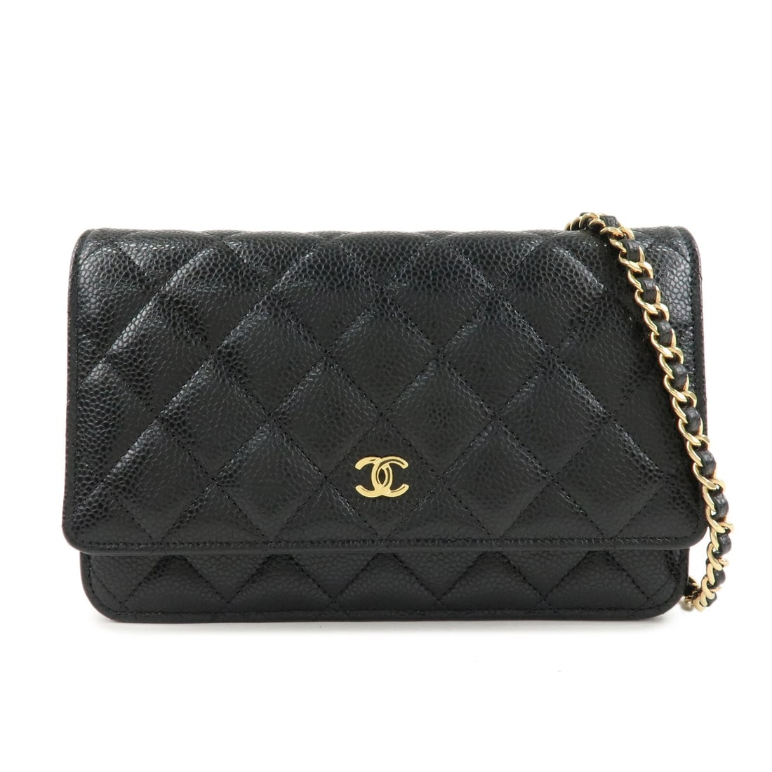 AUTH CHANEL CAVIAR SKIN CHAIN WALLET PURSE SHOULDER BAG: Auth CHANEL Caviar Skin Chain Wallet Purse Shoulder Bag Brand: CHANEL Type: Shoulder bag Material: Caviar skin Color: Black / Gold Size: W19 × H12 × D2.5cm (7.48"/4.72"/0.98") Accessories: None