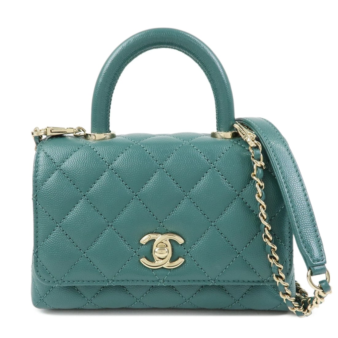 CHANEL MATELASSE COCO HANDLE XXS CAVIARSKIN 2WAY BAG: CHANEL Matelasse COCO Handle XXS Caviarskin 2Way Bag Brand: CHANEL Type: 2way bag Material: Caviar skin Color: Gold , Green Size: W19cm(7.48")H12cm(4.72")D9cm(3.54") Accessories: None Acce