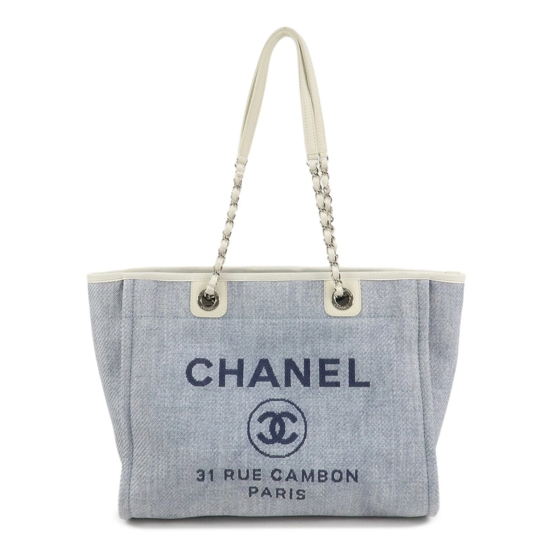 CHANEL DEAUVILLE MM STRAW LEATHER TOTE BAG SHOULDER BAG: CHANEL Deauville MM Straw Leather Tote Bag Shoulder Bag Brand: CHANEL Type: tote bag Material: Straw Color: Light Blue Size: W33cm(12.99")D13cm(5.12")H26cm(10.24") Accessories: None Accessories