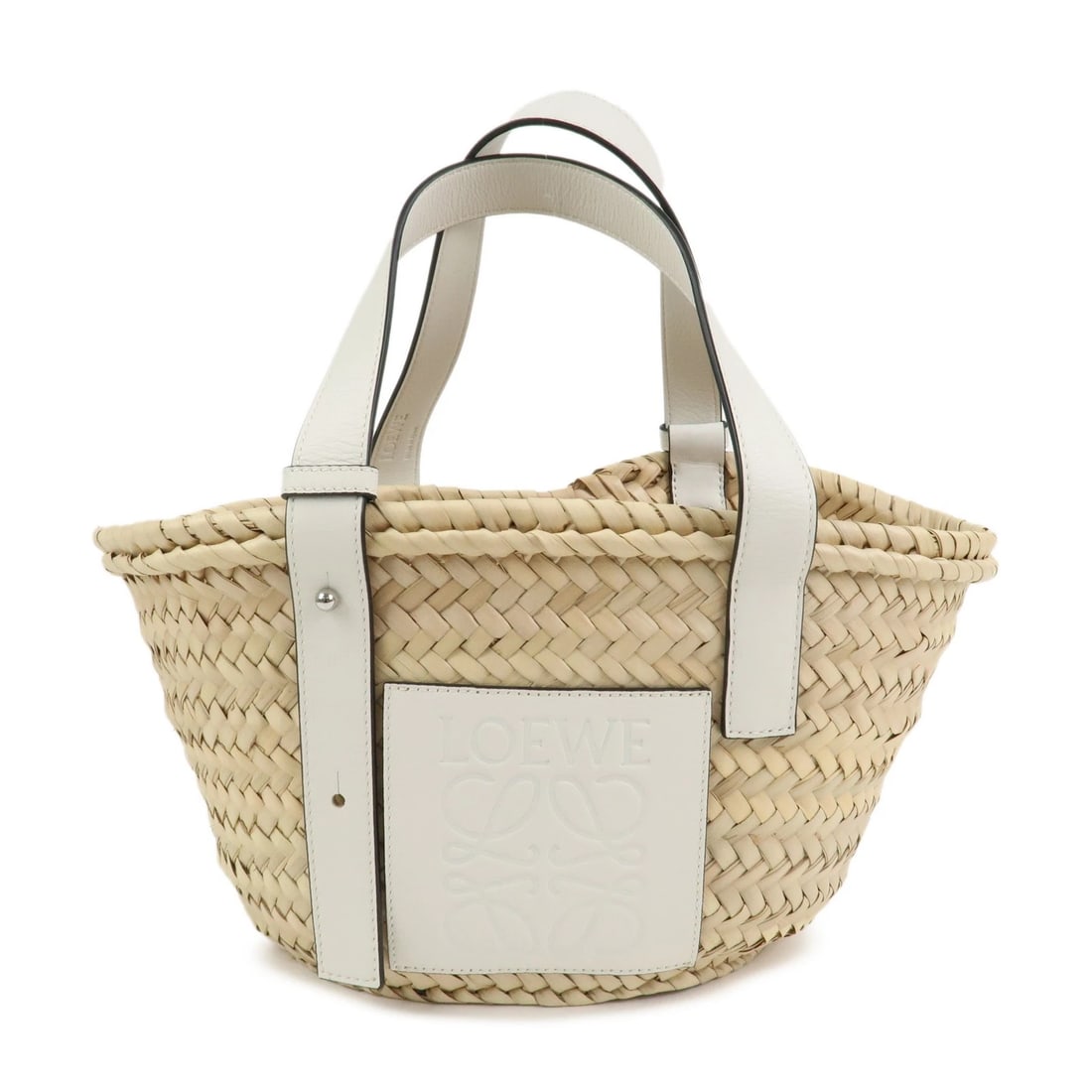 LOEWE ANAGRAM RAFFIA LEATHER SMALL BASKET BAG HAND BAG: LOEWE Anagram Raffia Leather Small Basket Bag Hand Bag Brand: CELINE Type: boston bag Material: Raffia , Leather Color: Natural , White Size: H19cm(7.48")D12cm(4.72")W38cm(14.96") Accessories: Non