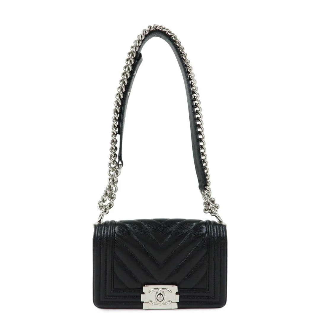 CHANEL BOY CHANEL CAVIARSKIN CHAIN SHOULDER BAG: CHANEL Boy CHANEL Caviarskin Chain Shoulder Bag Brand: CHANEL Type: shoulder bag Material: Caviar skin Color: Black , Silver Size: W?20cm(7.87")H?12cm(4.72")D?7cm(2.76") Accessories: None