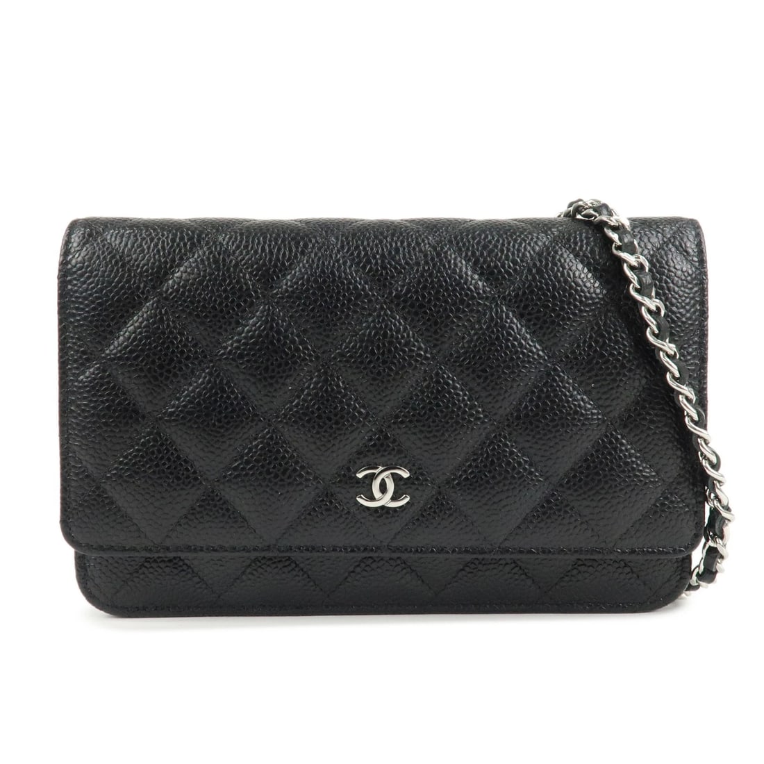 AUTH CHANEL CAVIAR SKIN CHAIN SHOULDER WALLET PURSE: Auth CHANEL Caviar Skin Chain Shoulder Wallet Purse Brand: PRADA Type: Hand Bag Material: Caviar skin Color: Black Size: W19 × H14 × D2cm (7.48"/5.51"/0.79") Accessories: None Accessories