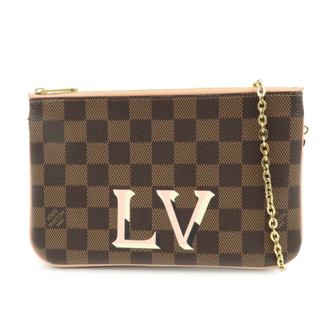 LOUIS VUITTON DAMIER EBENE POCHETTE DOUBLE ZIP ROSE: Louis Vuitton Damier Ebene Pochette Double Zip Rose Brand: louis vuitton Type: shoulder bag Material: Damier Canvas , Leather Color: Damier Ebene , Rose Ballerine Size: W21cm(8.27")H13cm(5.12")D2cm(0.