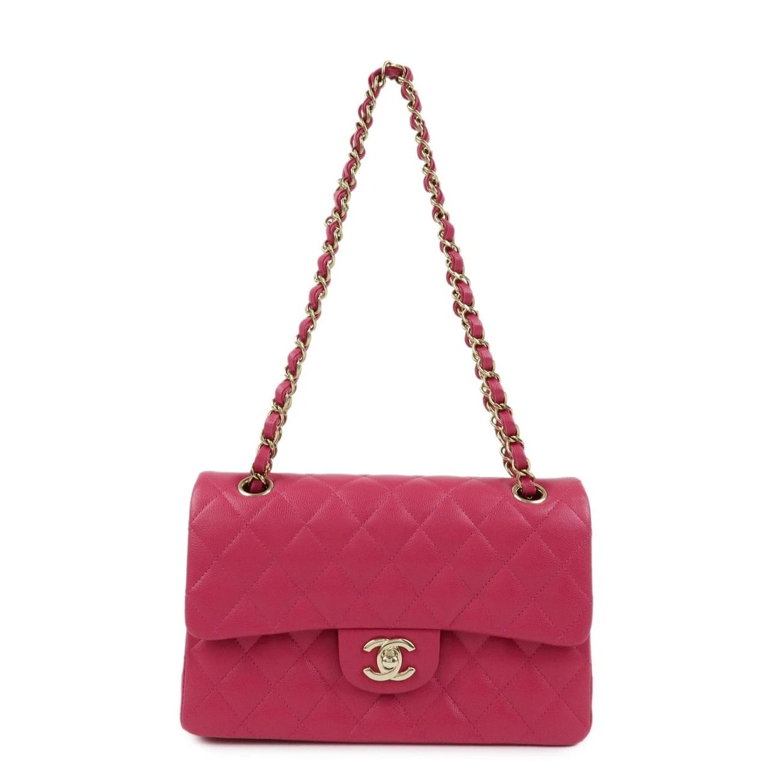 CHANEL MATELASSE23 DOUBLE FLAP CAVIARSKIN CHAIN SHOULDER BAG: CHANEL Matelasse23 Double Flap Caviarskin Chain Shoulder Bag Brand: CHANEL Type: shoulder bag Material: Caviar skin Color: Pink , Gold Size: W?22.5cm(8.86")H?14cm(5.51")D?6cm(2.36") Accessories: N