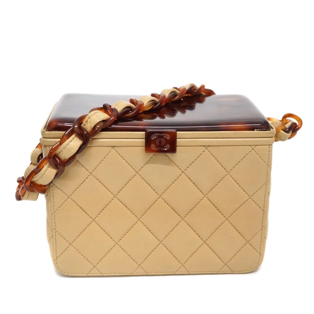 CHANEL TORTOISE VANITY BAG LEATHER BEIGE WITH BOX DUST BAG: Chanel Tortoise Vanity Bag Leather Beige with Box Dust Bag Brand: CHANEL Type: Handbag Material: leather Color: beige Size: W18cm x H13cm x D10cm Accessories: None Accessories Notice: When