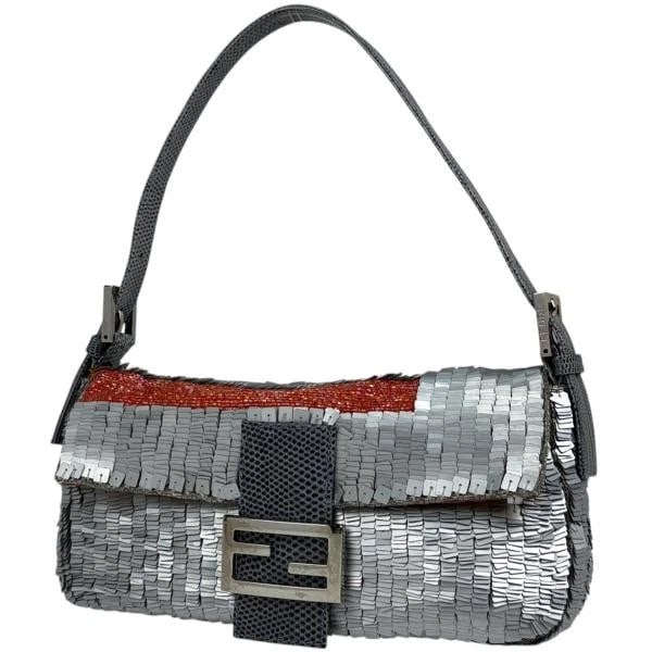 FENDI ZUCCA MAMA BAGUETTE HANDBAG SHOULDER BAG: Fendi Zucca Mama Baguette Handbag Shoulder bag Brand: Fendi Type: Zucca Mama Baguette Material: Exterior Material Leather Color: Exterior Color Silver Orange Size: Depth 4 cm Width 24 cm Height 15 cm 