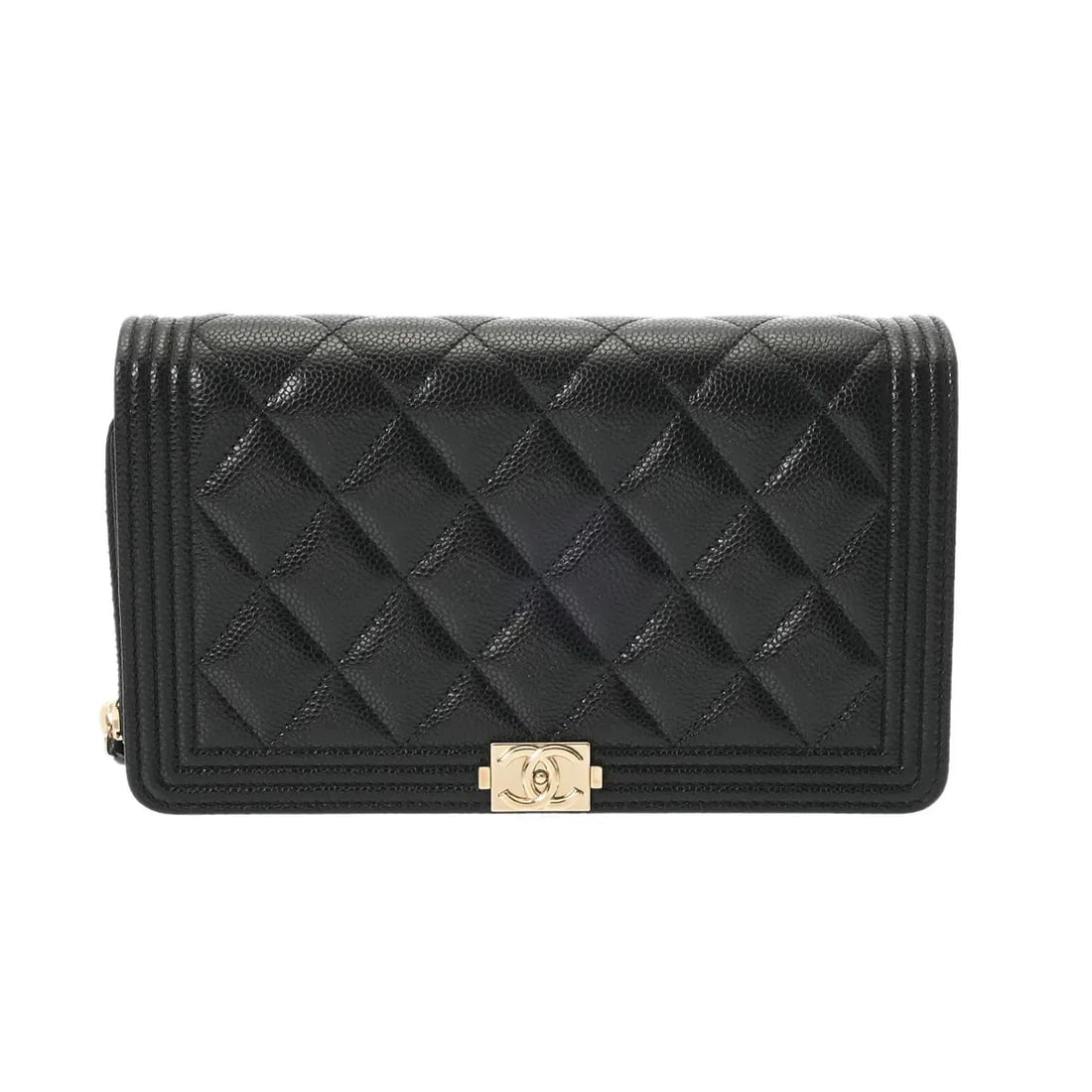 CHANEL CHAIN WALLET SHOULDER BAG: Chanel Chain Wallet Shoulder Bag Brand: Chanel Type: Shoulder Bag Material: Caviar Skin Color: Champagne, Black, Gold Size: W 19cm / H 12cm / D 4cm Accessories: None Accessories Notice: Wh