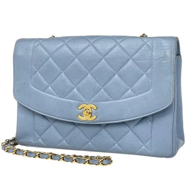 CHANEL DIANA MATELASSE SINGLE FLAP CHAIN SHOULDER BAG CC MARK LEATHER: Chanel Diana Matelasse Single Flap Chain Shoulder Bag CC Mark Leather Brand: Chanel Type: Diana Matelasse Material: Leather Color: Blue Size: Depth 7 cm Width 25 cm Height 16.5 cm Accessories: Non