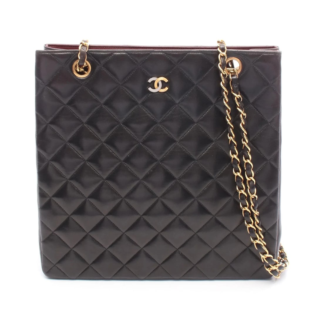 CHANEL MATELASSE TOTE BAG BLACK LAMBSKIN LEATHER: Chanel Matelasse Tote Bag Black Lambskin Leather Brand: Chanel Type: Tote Bag Material: Lambskin Leather Color: Black Size: W26.5cm x H26.5cm x D8cm Accessories: None Accessories Notice: W