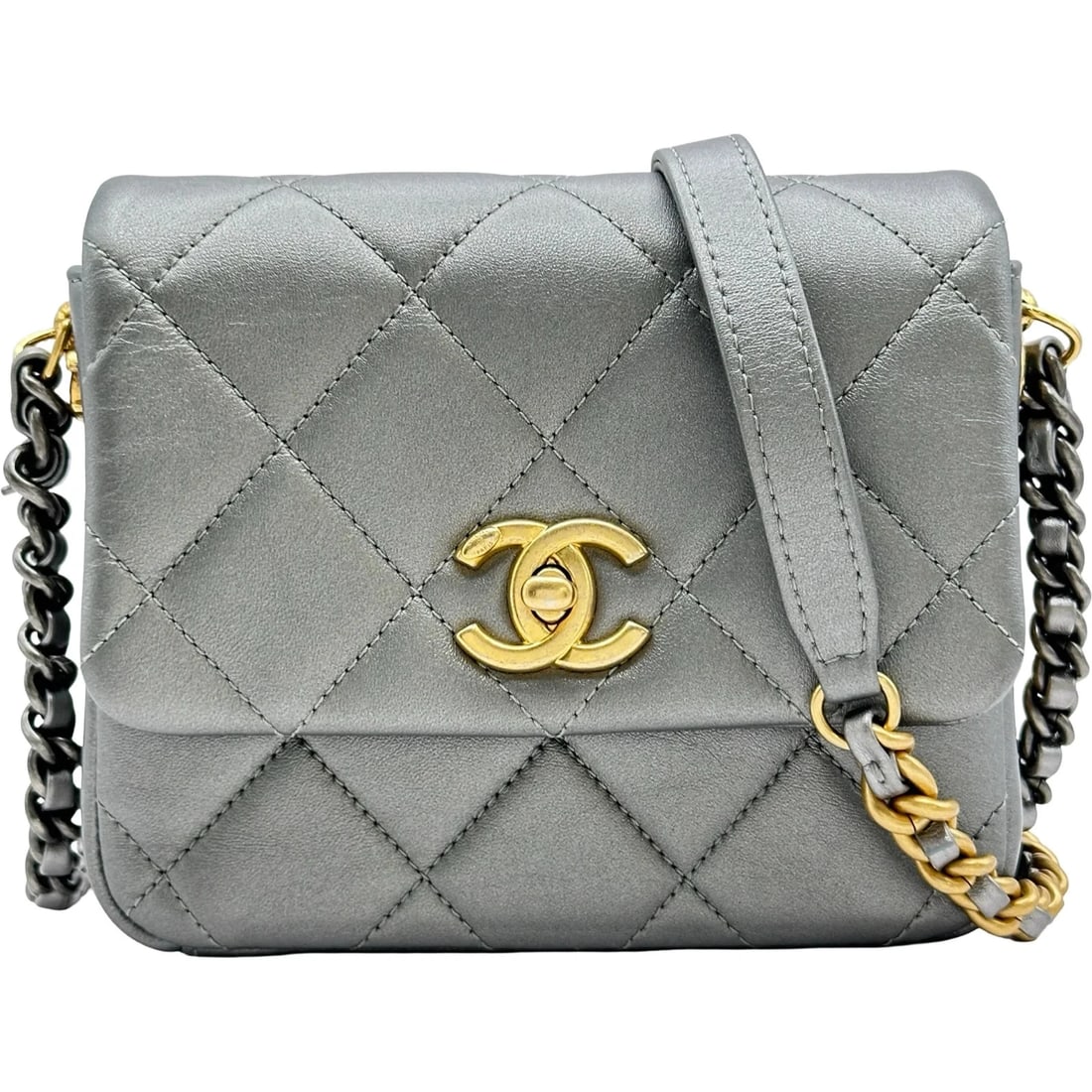 CHANEL MINI CLASSIC FLAP CHAIN SHOULDER BAG SILVER / GOLD LAMBSKIN: CHANEL Mini Classic Flap Chain Shoulder Bag Silver / Gold Lambskin Brand: Chanel Type: Shoulder Bag Material: Lambskin Color: Silver / Gold Size: W17cm x H14cm x D6cm Accessories: None Acc