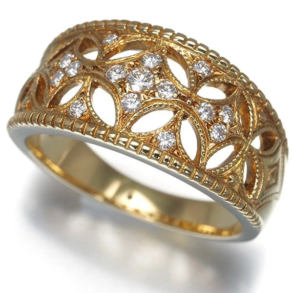 MIKIMOTO RING DIAMOND OPENWORK MILGRAIN 18K YG: Mikimoto Ring Diamond Openwork Milgrain 18K YG Brand: MIKIMOTO Type: Ring Material: 18K / 750 / Yellow Gold, Main Stone/Creation Natural Color: Yellow gold Size: US 5.75 - 6 Accessories: None
