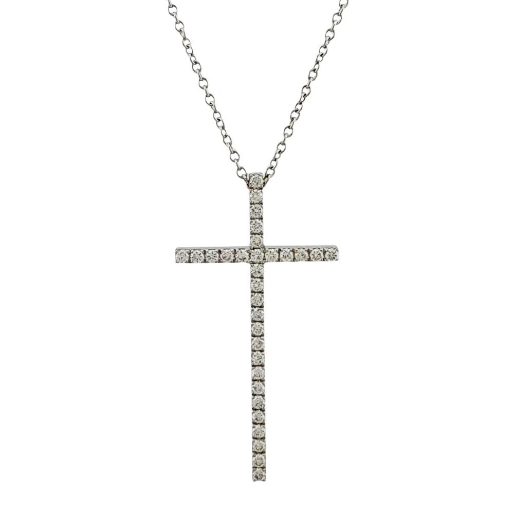 TIFFANY & CO. METRO CROSS DIAMOND NECKLACE 18K WHITE GOLD: Tiffany & Co. Metro Cross Diamond Necklace 18K White Gold Brand: Tiffany & Co. Type: Necklace Material: 750 White Gold, Main Stone/Creation Natural Color: White Gold Size: Length: Approx. 18.1 inches 