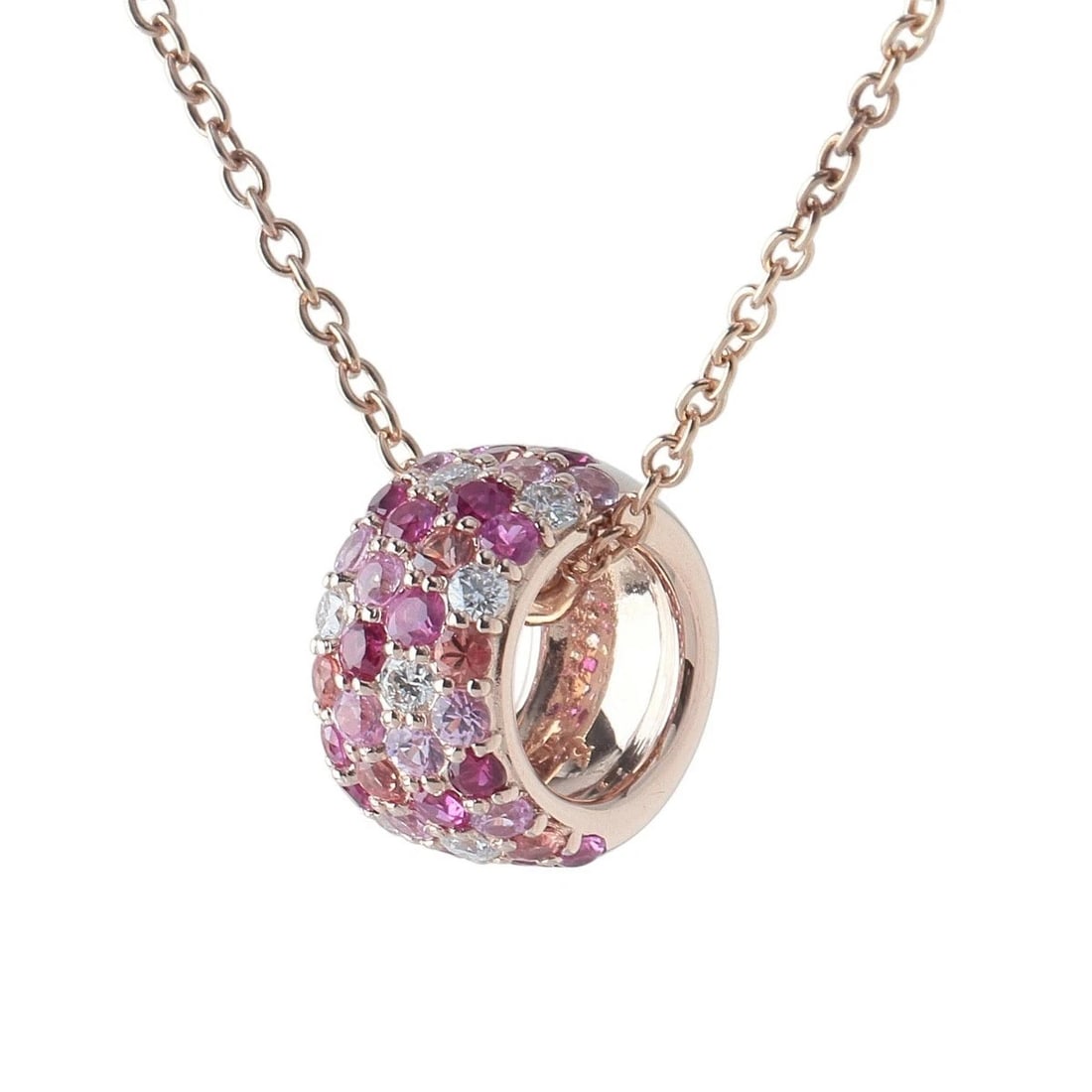 PONTE VECCHIO ETERNO ROTONDO DIAMOND RUBY PINK SAPPHIRE NECKLACE: Ponte Vecchio Eterno Rotondo Diamond Ruby Pink Sapphire Necklace Brand: Ponte Vecchio Type: Necklace Material: 18K Rose Gold, Main Stone/Creation Diamond Gemstones: Rubies Pink Sapphires Color: Rose G