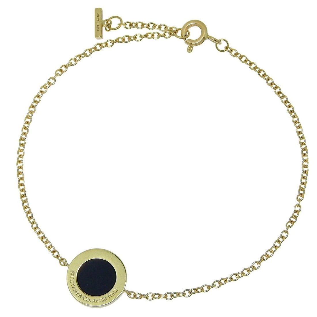 TIFFANY & CO. T CIRCLE BRACELET 18K YELLOW GOLD DIAMOND ONYX: Tiffany & Co. T Circle Bracelet 18K Yellow Gold Diamond Onyx Brand: Tiffany & Co. Type: Bracelet Material: 750 Yellow Gold, Main Stone/Creation Natural Color: Gold Size: Total Length: 7.09 in (18 cm) 