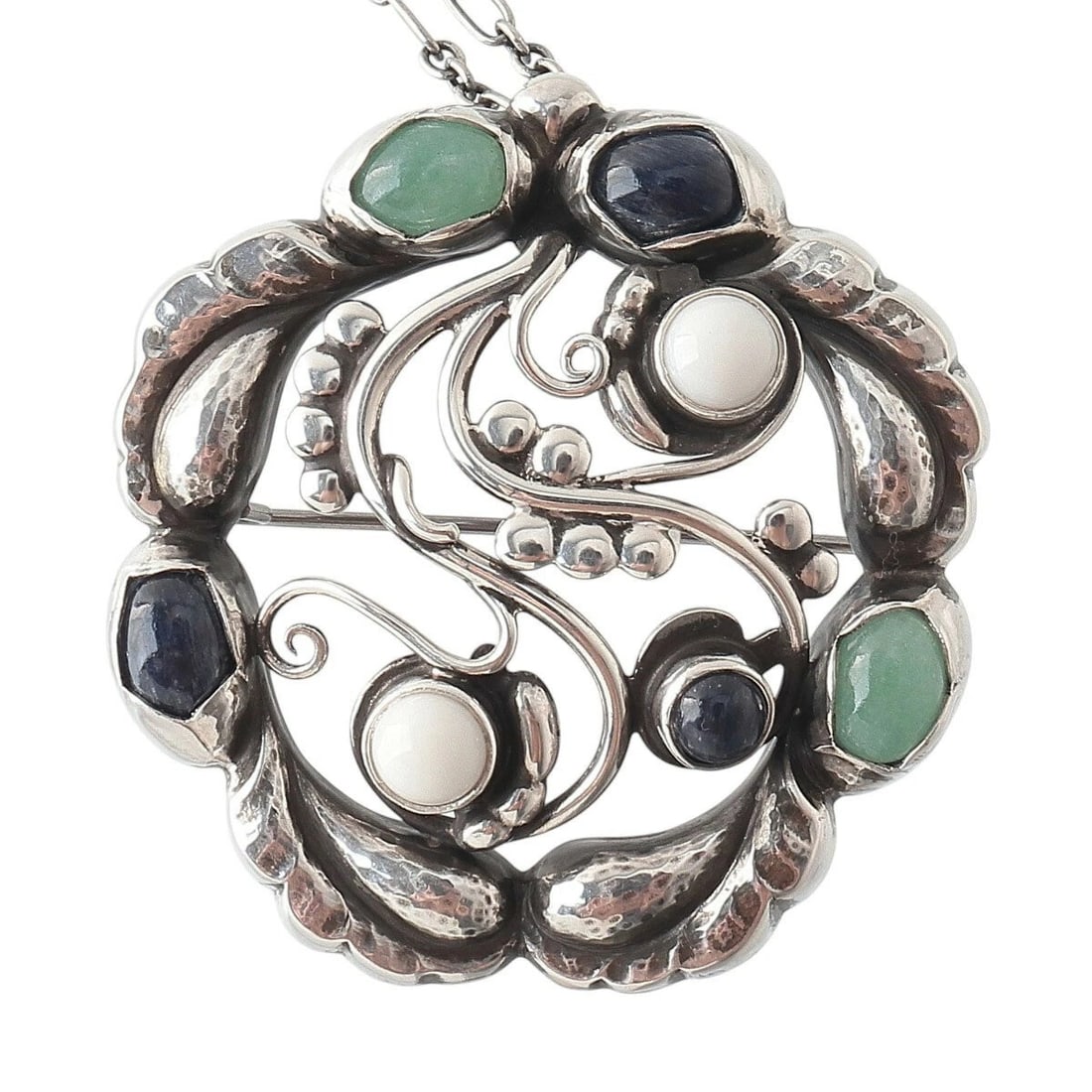 GEORG NECKLACE BROOCH STERLING SILVER: Georg Necklace Brooch Sterling Silver Brand: Georg Jensen Type: Necklace Material: Sterling Silver (SV925), Main Stone/Creation Amethyst and Garnet Color: Silver Size: Length: Approximately 23.6 in (6