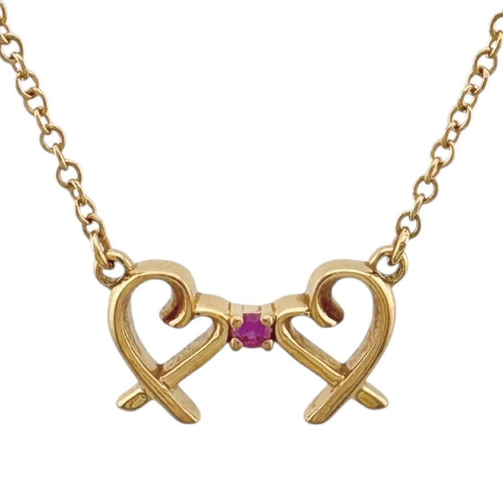 TIFFANY & CO DOUBLE LOVING HEART NECKLACE: Tiffany & Co Double Loving Heart Necklace Brand: Tiffany & Co. Type: Necklace Material: 18k Pink Gold, Main Stone/Creation Pink Sapphire Color: Pink Gold Size: Chain Length: Approx. 41 cm (16 in) Chai