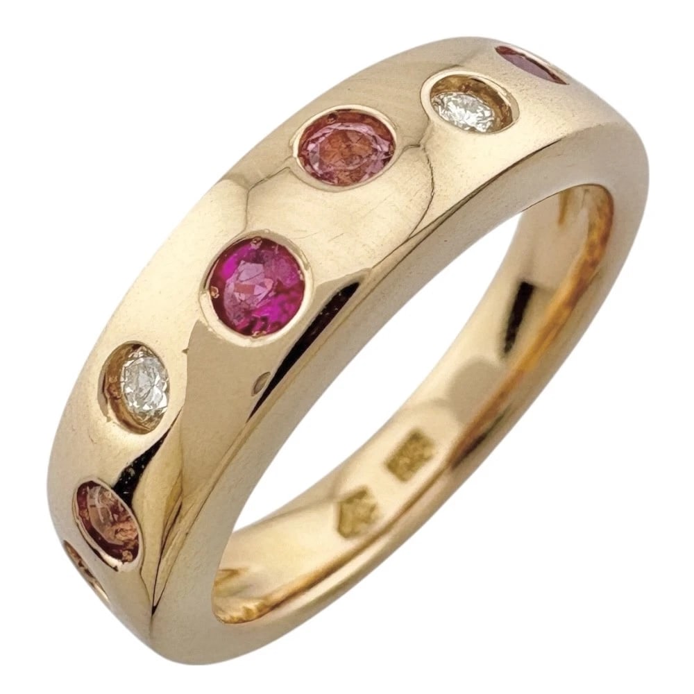 RING K18 YELLOW GOLD RUBY PINK TOURMALINE: Ring K18 yellow gold Ruby Pink tourmaline Brand: Unbranded Type: Ring Material: K18 yellow gold, Main Stone/Creation Ruby/Pink tourmaline/diamond Color: gold Size: US 4 1/2 Accessories: None <