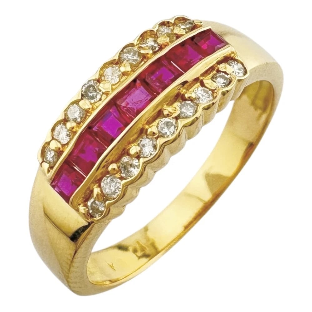 RING K18 YELLOW GOLD RUBY DIAMOND: Ring K18 yellow gold Ruby diamond Brand: Unbranded Type: Ring Material: K18 yellow gold, Main Stone/Creation Ruby Diamond Color: gold Size: US 6 Accessories: None Accessories Notice: When purchasing
