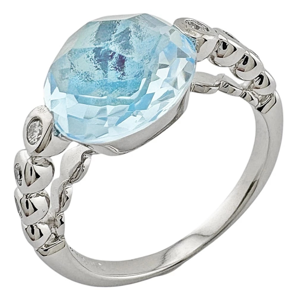 RING K18 WHITE GOLD BLUE TOPAZ DIAMOND: Ring K18 white gold Blue Topaz diamond Brand: Unbranded Type: Ring Material: K18 white gold, Main Stone/Creation Blue Topaz/diamond Color: Silver Size: US 6 1/8 Accessories: None Accessori