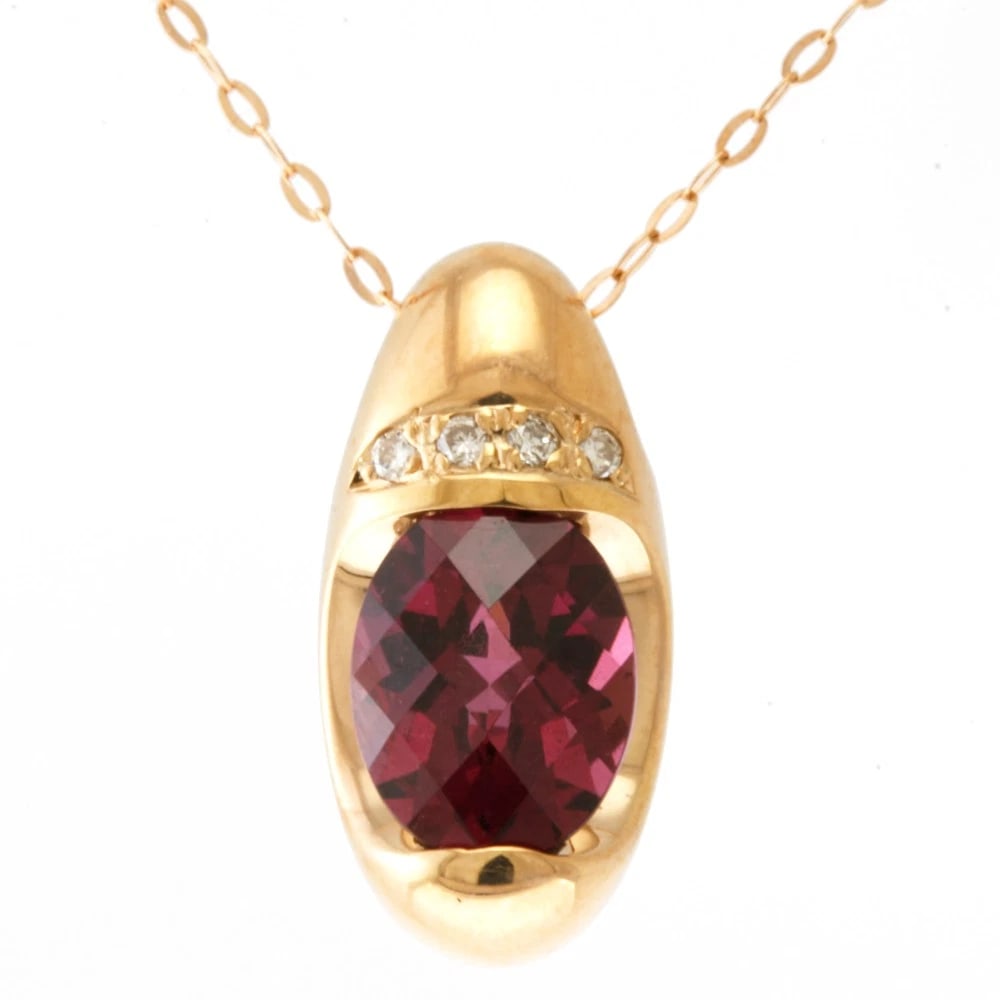 NECKLACE K18 PINK GOLD GARNET: Necklace K18 Pink Gold garnet Brand: Unbranded Type: Necklace Material: K18 Pink Gold, Main Stone/Creation garnet/diamond Color: pink Size: (CM) Total Length:45cm Chain width:1.0mm Top:W8.5mm x