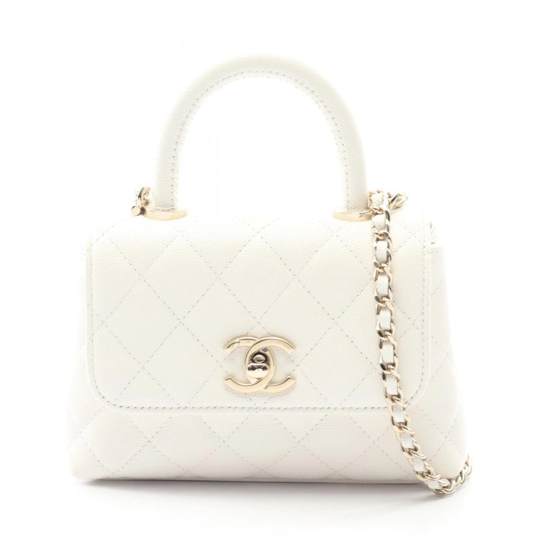 CHANEL COCO HANDLE MINI MATELASSE CHAIN CROSSBODY HANDBAG: CHANEL Coco Handle Mini Matelasse Chain Crossbody Handbag Brand: CHANEL Type: Shoulder Bag Material: Grained Calfskin leather Color: White??ish colors Size: H:12cm x W:16cm x D:4.5cm (H:4.7" x W:6.3" 