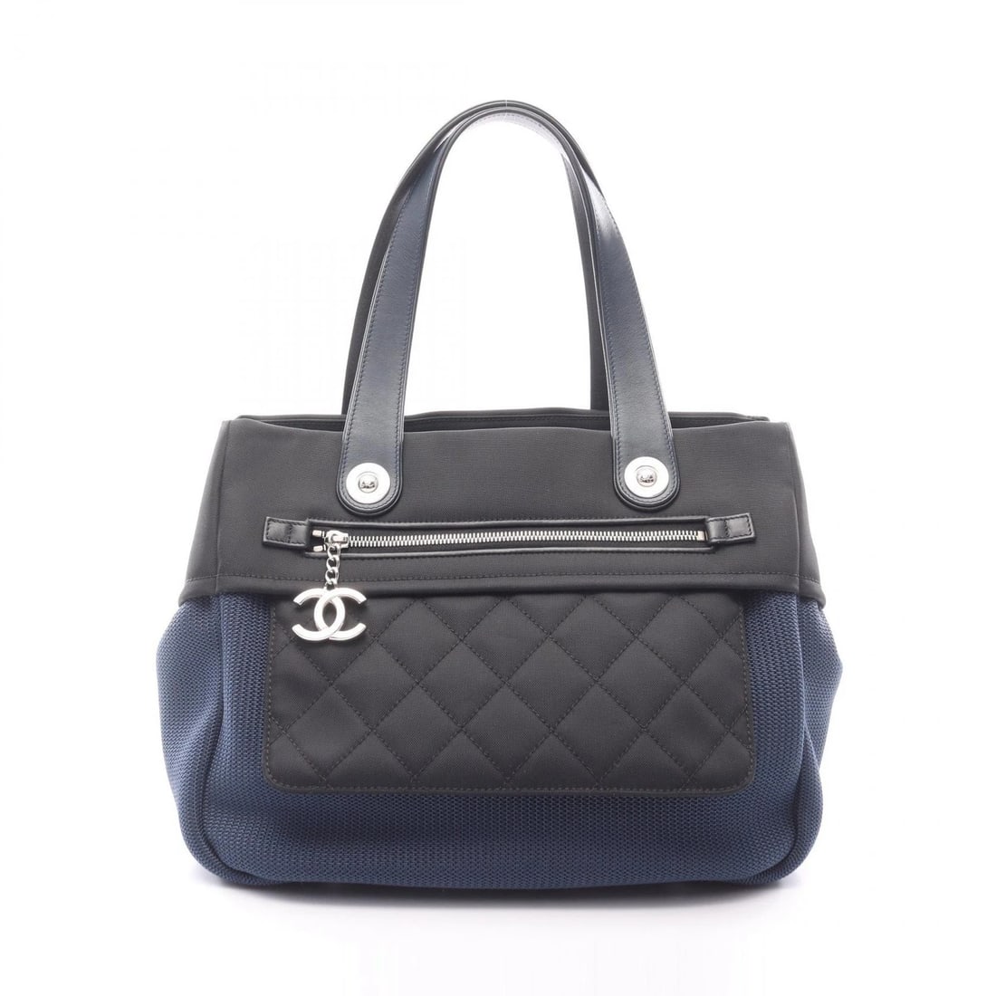CHANEL PARIS BIARRITZ HANDBAG NYLON LEATHER: CHANEL Paris Biarritz Handbag Nylon leather Brand: CHANEL Type: Handbag Material: Nylon × leather Color: Blue??ish colors × Black??ish colors Size: H:25cm x W:31cm x D:16cm (H:9.8" x W:12.2" x D:6.3