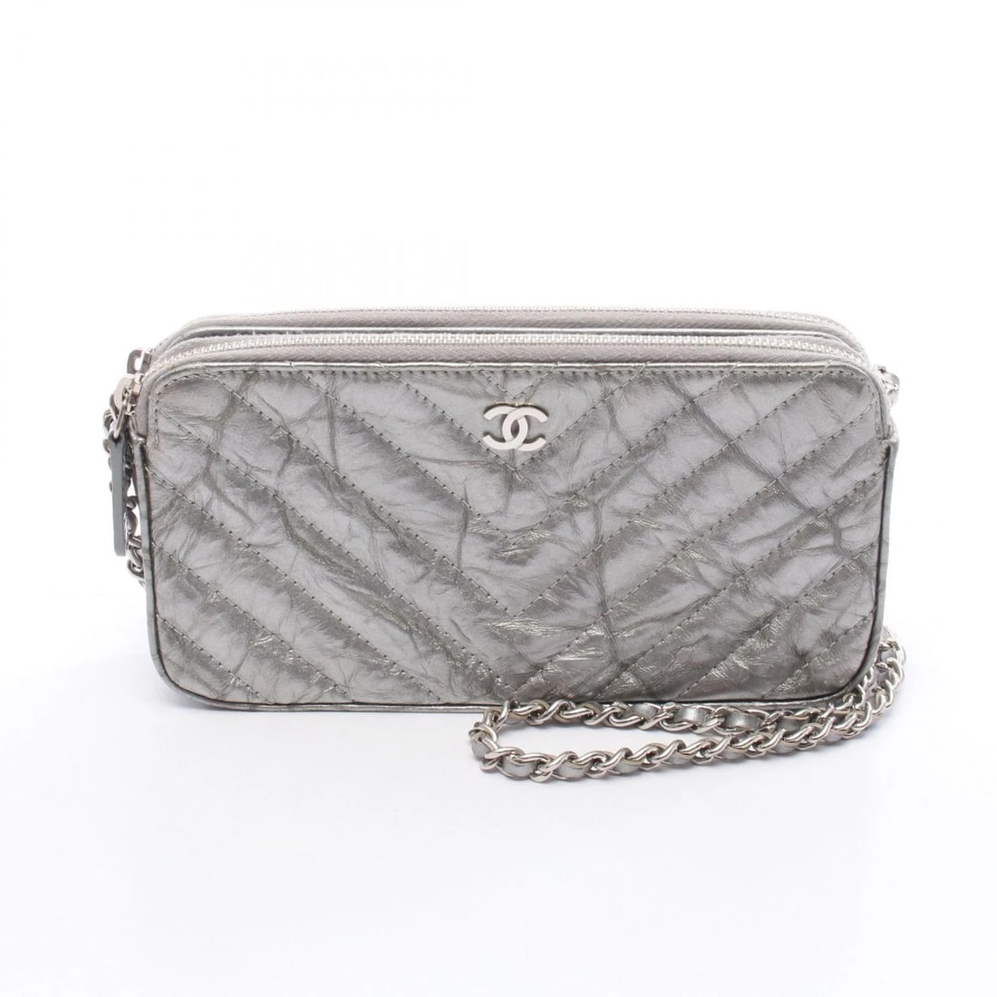 CHANEL CHEVRON V STITCH CHAIN SHOULDER BAG: CHANEL Chevron V Stitch Chain Shoulder Bag Brand: CHANEL Type: Shoulder Bag Material: leather Color: Silver??ish colors Size: H:9cm x W:18cm x D:3cm (H:3.5" x W:7.1" x D:1.2") Accessories: None