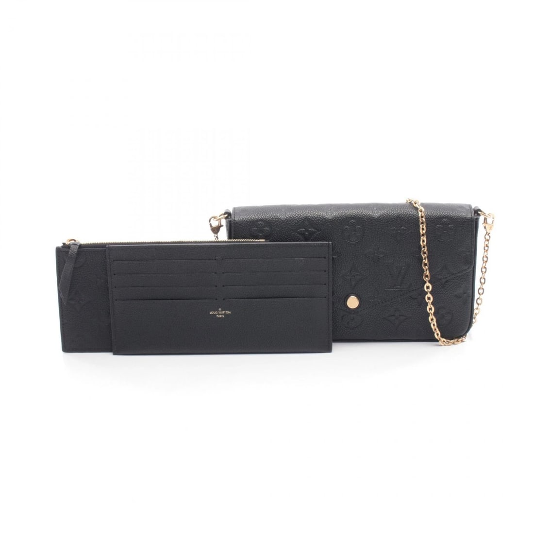 LOUIS VUITTON POCHETTE FELICIE CHAIN SHOULDER CROSSBODY BAG: LOUIS VUITTON Pochette Felicie Chain Shoulder Crossbody Bag Brand: LOUIS VUITTON Type: Shoulder Bag Material: Monogram empreinte × leather Color: Black / Black??ish colors Size: H:12.5cm x W:21.5cm x