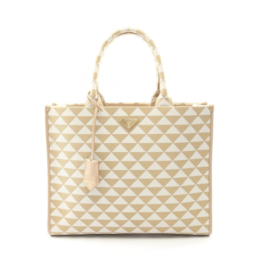 PRADA TRIANGOLO JACQUARD SYMBOL EMBROIDERY TOTE HANDBAG: PRADA TRIANGOLO JACQUARD SYMBOL EMBROIDERY Tote Handbag Brand: PRADA Type: Tote Bag Material: canvas Color: Beige??ish colors × White??ish colors Size: H:30cm x W:39cm x D:11cm (H:11.8" x W:15.4" x D