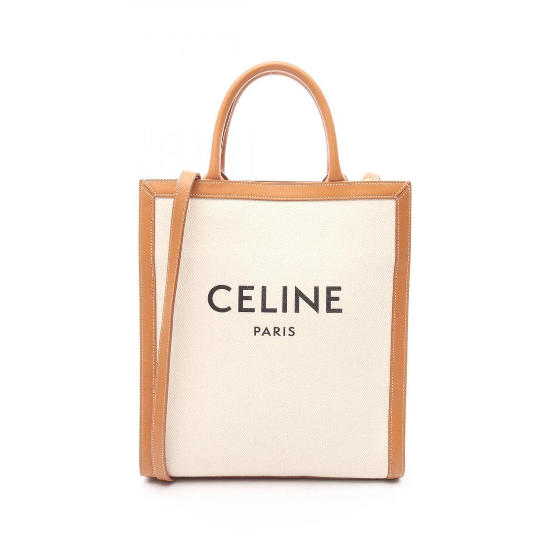 CELINE SMALL VERTICAL CABAS SHOULDER TOTE BAG: CELINE Small Vertical Cabas Shoulder Tote Bag Brand: CELINE Type: Tote Bag Material: canvas × leather Color: White??ish colors × Brown??ish colors Size: H:32cm x W:28cm x D:7.5cm (H:12.6" x W:11.0" 