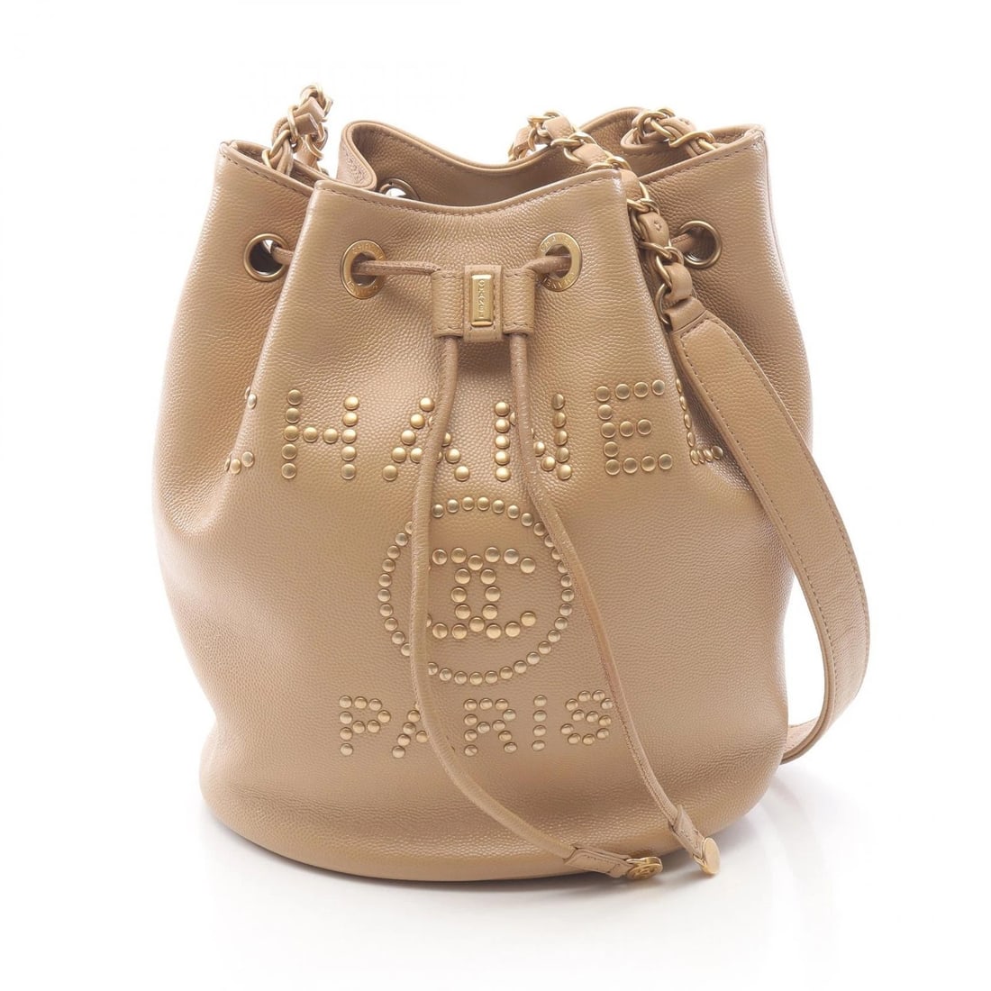 CHANEL DEAUVILLE DRAWSTRING CHAIN SHOULDER BAG: CHANEL Deauville Drawstring Chain Shoulder Bag Brand: CHANEL Type: Shoulder Bag Material: Calfskin (cowhide) Color: Beige??ish colors Size: H:22.5cm x W:19cm x D:14cm (H:8.9" x W:7.5" x D:5.5") Ac