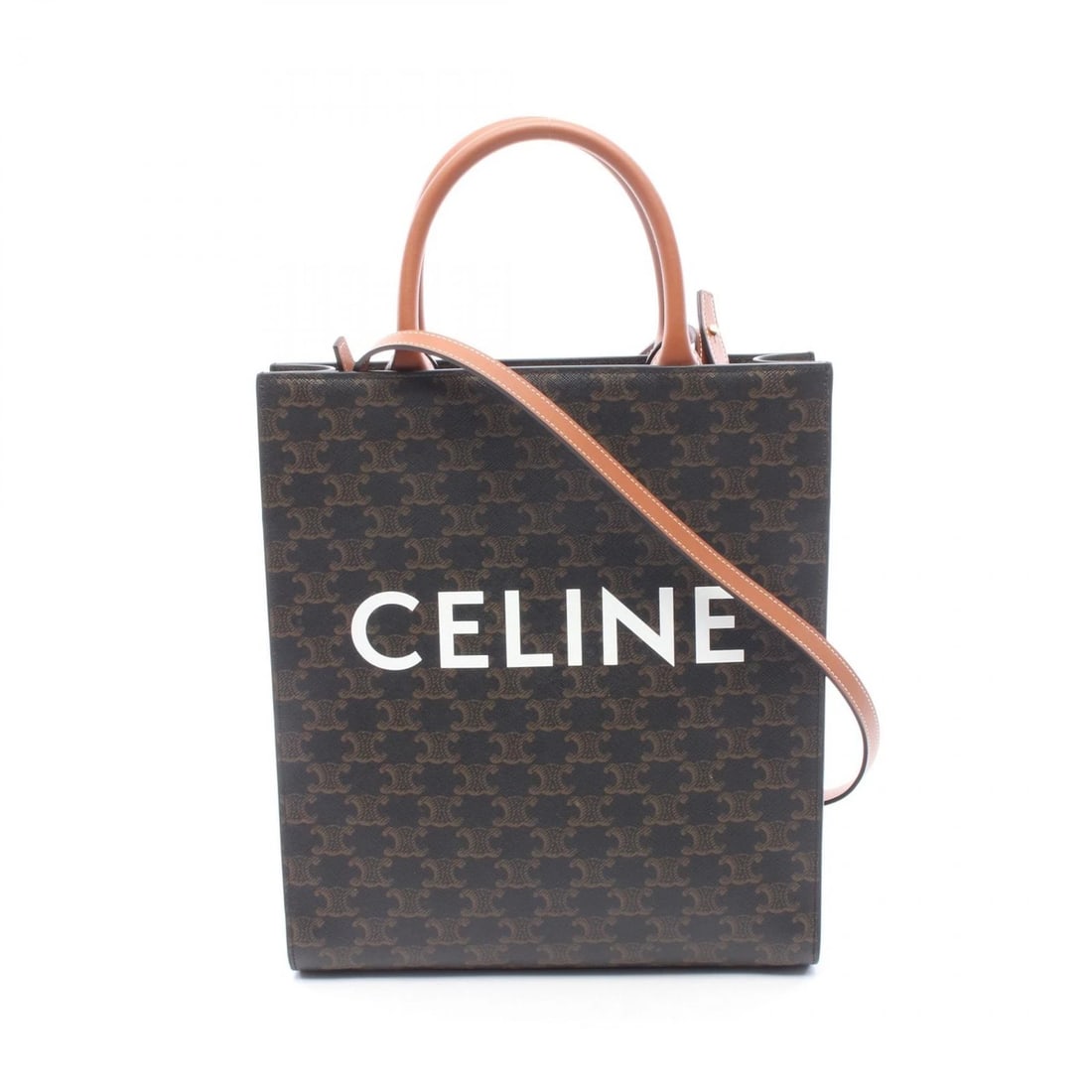 CELINE SMALL VERTICAL CABAS TRIOMPHE 2WAY SHOULDER TOTE BAG: CELINE Small Vertical Cabas Triomphe 2WAY Shoulder Tote Bag Brand: CELINE Type: Tote Bag Material: PVC coated canvas × leather Color: Black??ish colors × Brown??ish colors Size: H:32.5cm x W:28cm x 