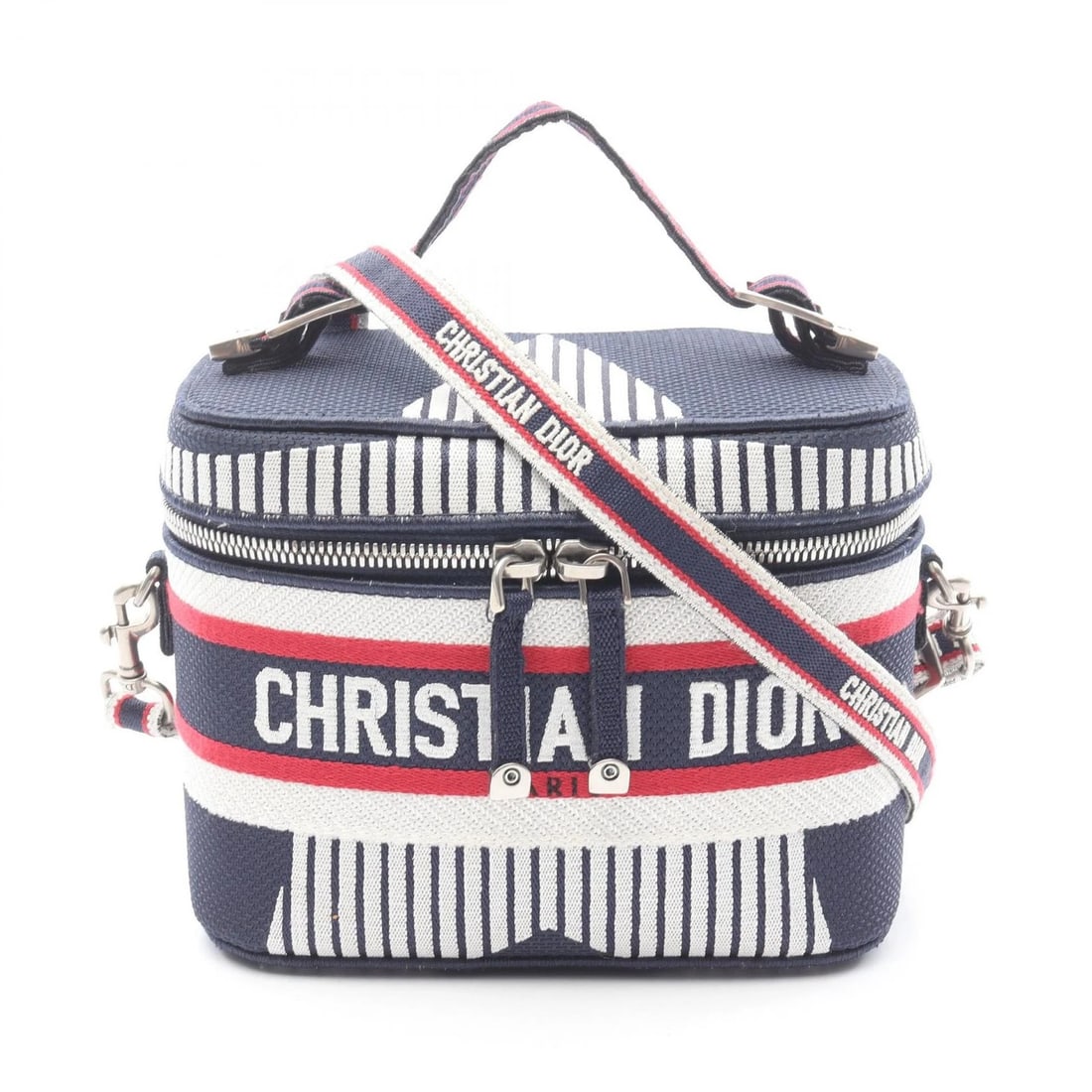 CHRISTIAN DIOR TRAVEL SMALL VANITY 2WAY SHOULDER HANDBAG: Christian Dior TRAVEL Small Vanity 2Way Shoulder Handbag Brand: Dior Type: Handbag Material: canvas Color: Navy??ish colors × White??ish colors × Red??ish colors Size: H:14cm x W:17cm x D:10cm (H:5.