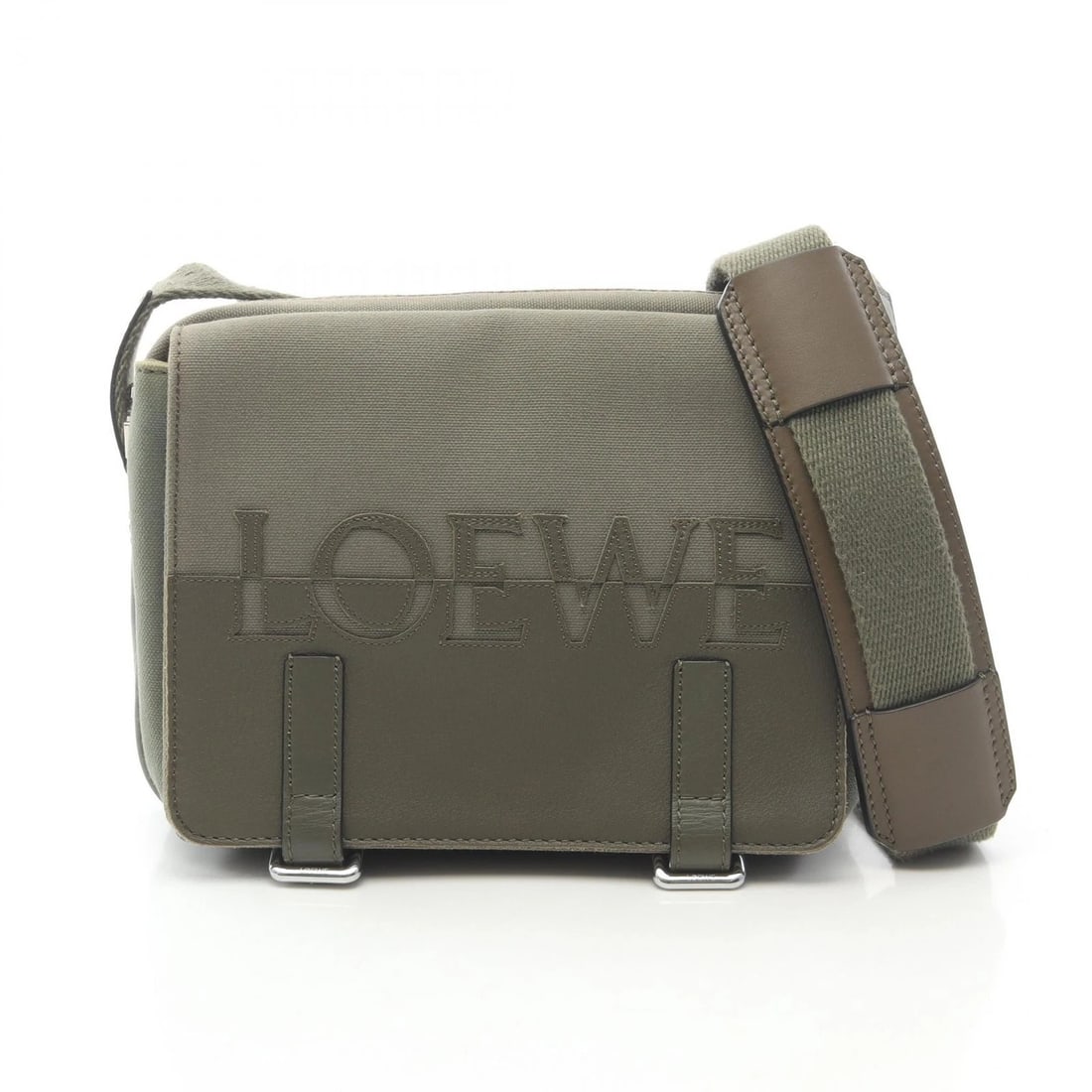 LOEWE MILITARY MESSENGER MESSENGER XS SHOULDER BAG: LOEWE MILITARY MESSENGER Messenger XS Shoulder Bag Brand: LOEWE Type: Shoulder Bag Material: canvas × leather Color: Khaki??ish colors Size: (H:6.9" x W:9.4" x D:1.4") Accessories: None Ac