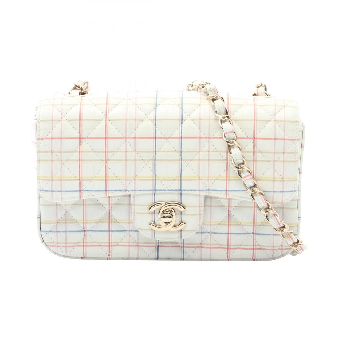 CHANEL MINI MATELASSE 20 CHAIN SHOULDER BAG: CHANEL Mini Matelasse 20 Chain Shoulder Bag Brand: CHANEL Type: Shoulder Bag Material: leather Color: White??ish colors × Multicolor??ish colors Size: (H:4.7" x W:7.9" x D:2.6") Accessories: None