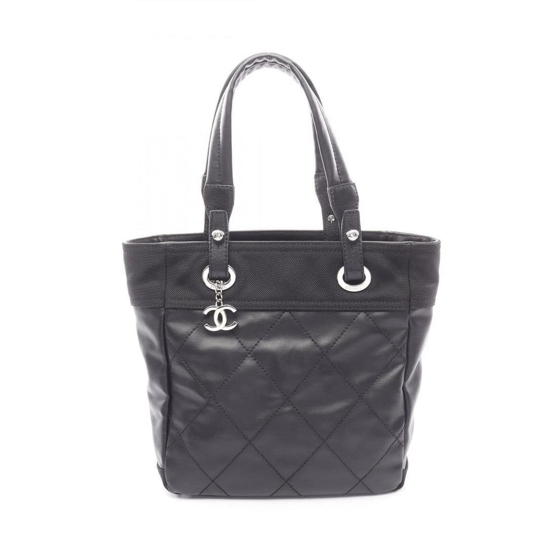CHANEL PARIS BIARRITZ PM TOTE BAG: CHANEL Paris Biarritz PM Tote Bag Brand: CHANEL Type: Tote Bag Material: PVC coated canvas × leather Color: Black??ish colors Size: (H:10.6" x W:9.8" x D:4.3") Accessories: None Accessorie