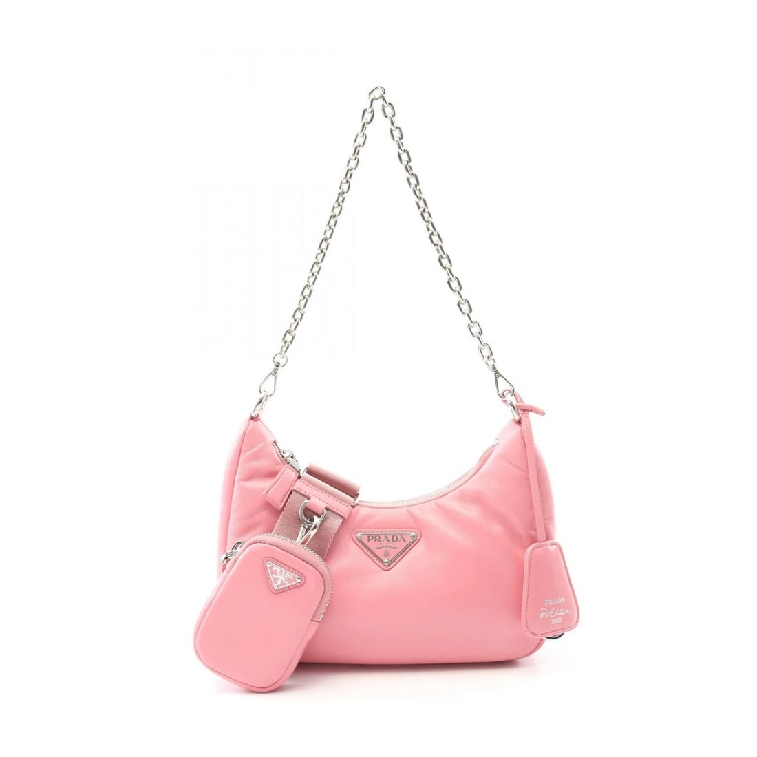 PRADA RE-EDITION 2005 EMBROIDERY DRILL: PRADA Re-Edition 2005 Embroidery Drill Brand: PRADA Type: Shoulder Bag Material: leather Color: Pink??ish colors Size: (H:4.3" x W:8.7" x D:2.4") Accessories: None Accessories Notice: When