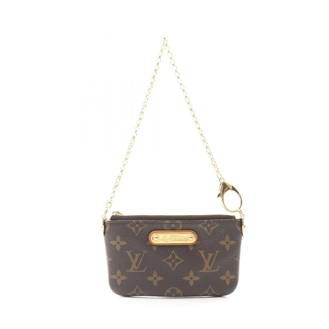 LOUIS VUITTON POCHETTE MILLA PM CHAIN POUCH MINI BAG: LOUIS VUITTON Pochette Milla PM Chain Pouch mini Bag Brand: LOUIS VUITTON Type: Pouch Material: leather × PVC Color: Brown??ish colors Size: (H:3.3" x W:5.9") Accessories: None Accessories