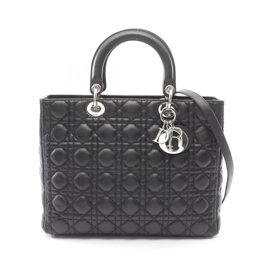 DIOR LADY DIOR LARGE SHOULDER TOTE HANDBAG LEATHER: Dior Lady Dior Large Shoulder Tote Handbag leather Brand: Dior Type: Handbag Material: leather Color: Black??ish colors Size: (H:9.8" x W:12.6" x D:4.3") Accessories: None Accessories Noti