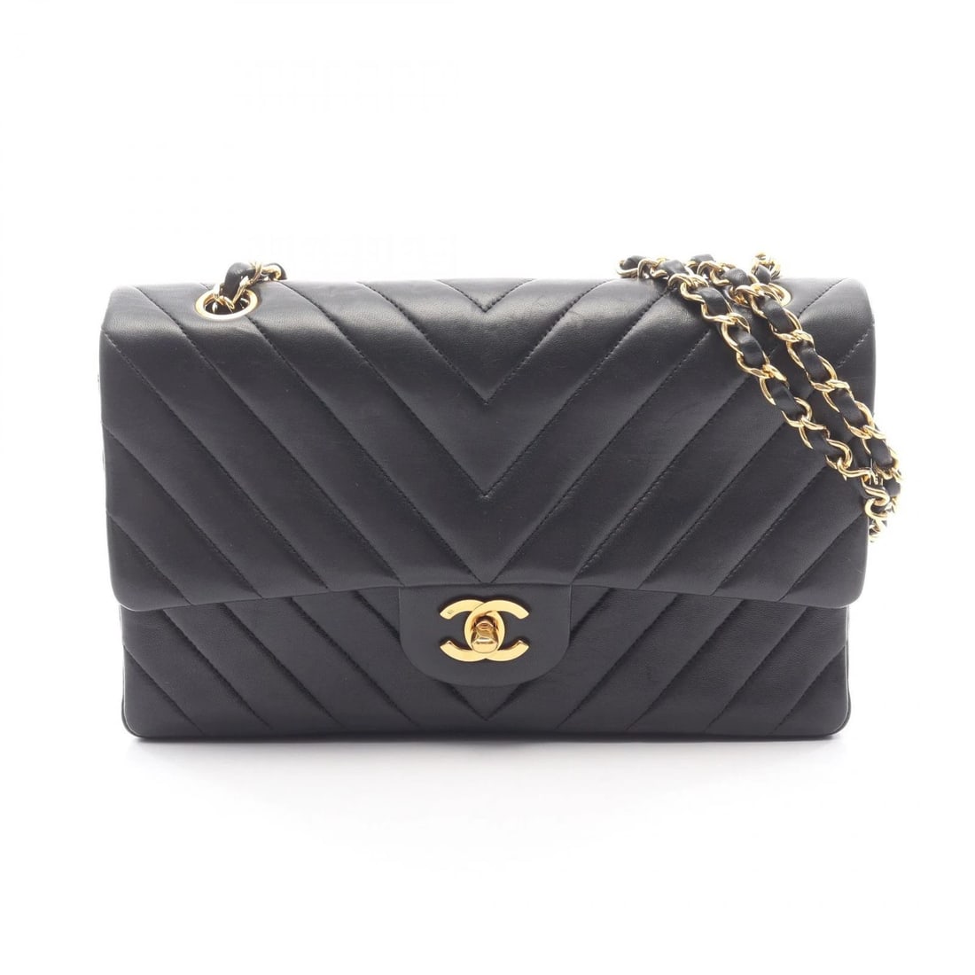 CHANEL CHEVRON V-STITCH W FLAP CHAIN SHOULDER HANDBAG: CHANEL Chevron V-Stitch W Flap Chain Shoulder Handbag Brand: CHANEL Type: Shoulder Bag Material: Lambskin (sheep leather) Color: Black??ish colors Size: (H:5.9" x W:9.8" x D:2.6") Accessories: Non
