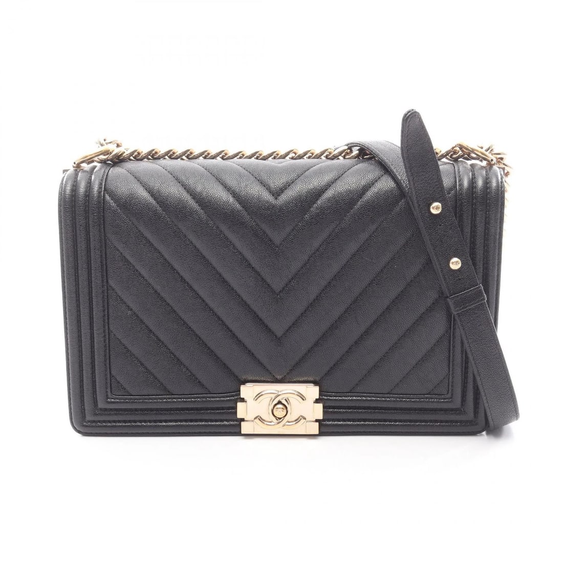 CHANEL BOY CHANEL LARGE CHEVRON CHAIN SHOULDER HANDBAG: CHANEL Boy Chanel Large Chevron Chain Shoulder Handbag Brand: CHANEL Type: Shoulder Bag Material: Grained Calfskin leather Color: Black??ish colors Size: (H:7.1" x W:11.0" x D:2.8") Accessories: N