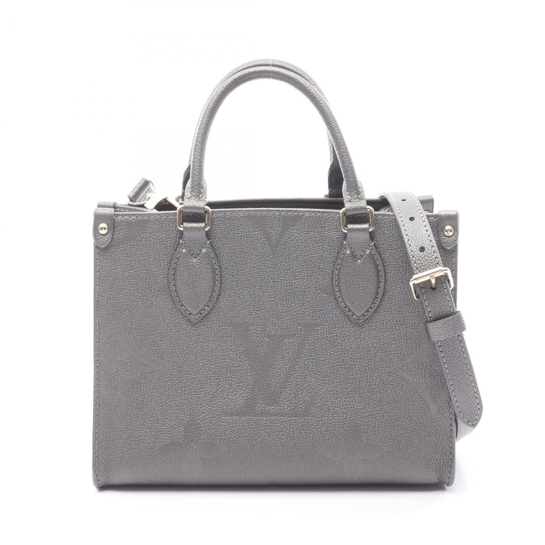 LOUIS VUITTON ON THE GO PM SHOULDER HANDBAG: LOUIS VUITTON On the Go PM Shoulder Handbag Brand: LOUIS VUITTON Type: Handbag Material: Monogram empreinte × leather Color: Gres / Gray??ish colors Size: (H:7.5" x W:9.8" x D:3.9") Accessories: N