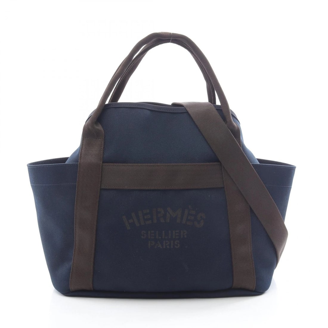 HERMES SUCKED PANSAGE TOTE SHOULDER BAG: HERMES Sucked Pansage Tote shoulder Bag Brand: HERMES Type: Tote Bag Material: Towar Military × canvas × Toile Chevrons Color: Navy??ish colors × Brown??ish colors Size: (H:13.8" x W:15.0" x D:5.9"