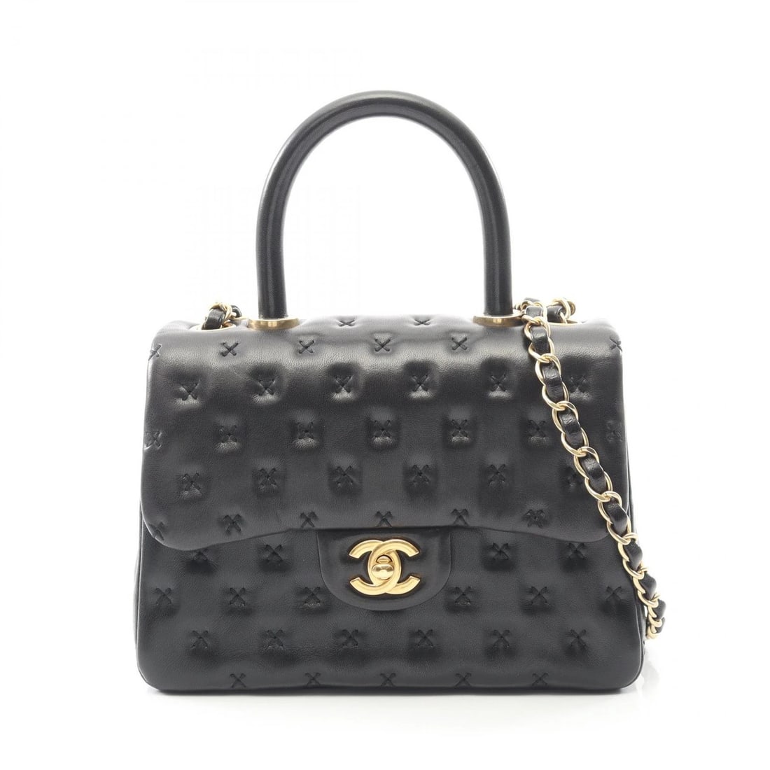 CHANEL CROSS-STITCH TOP HANDLE SHOULDER BAG: CHANEL Cross-stitch top handle Shoulder Bag Brand: CHANEL Type: Shoulder Bag Material: Lambskin (sheep leather) Color: Black??ish colors Size: (H:5.9" x W:8.3" x D:3.1") Accessories: None